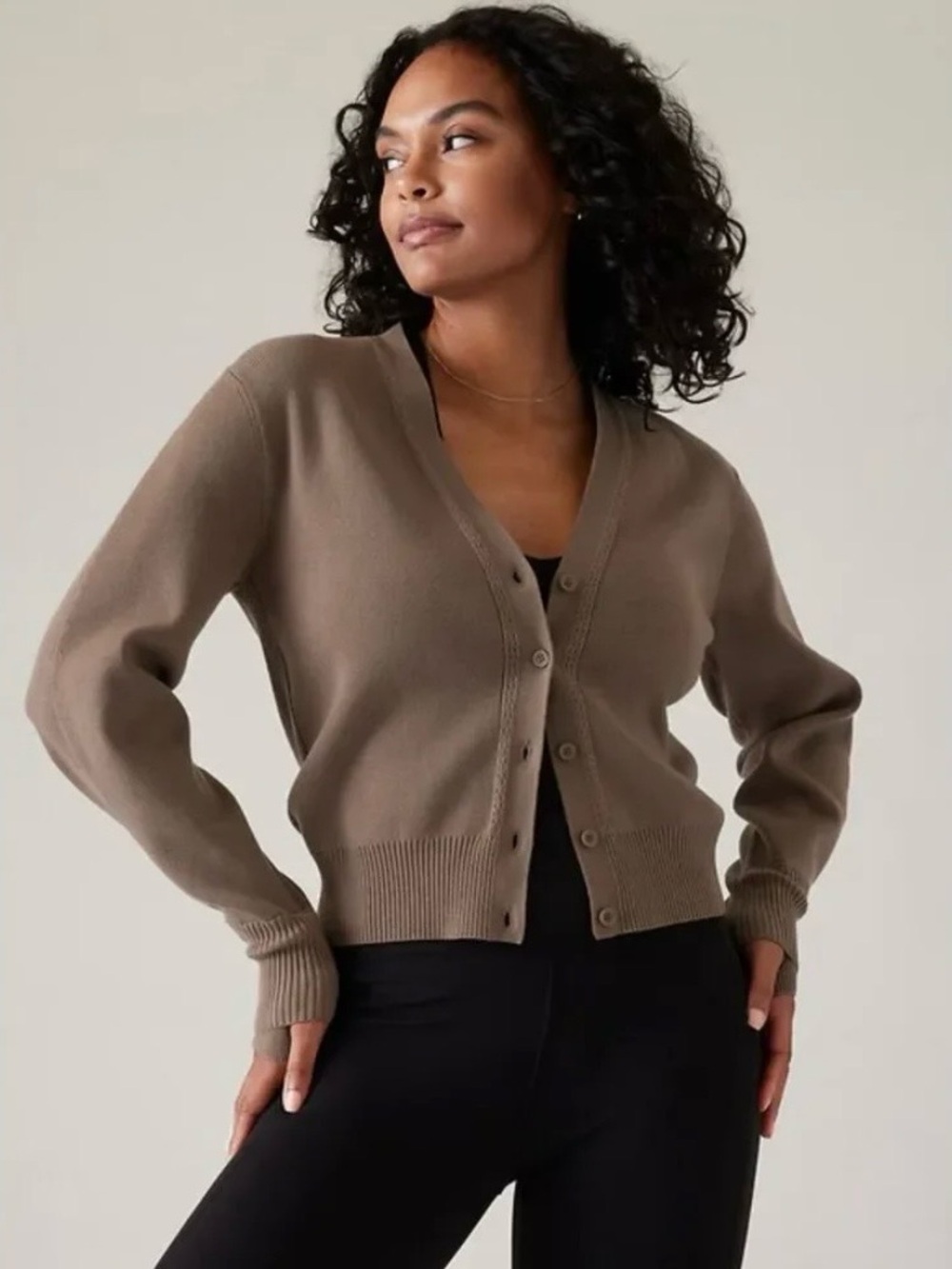 EUC Athleta Shift Cardigan Button Front V Neck Thumbhole Sweater Brown Large
